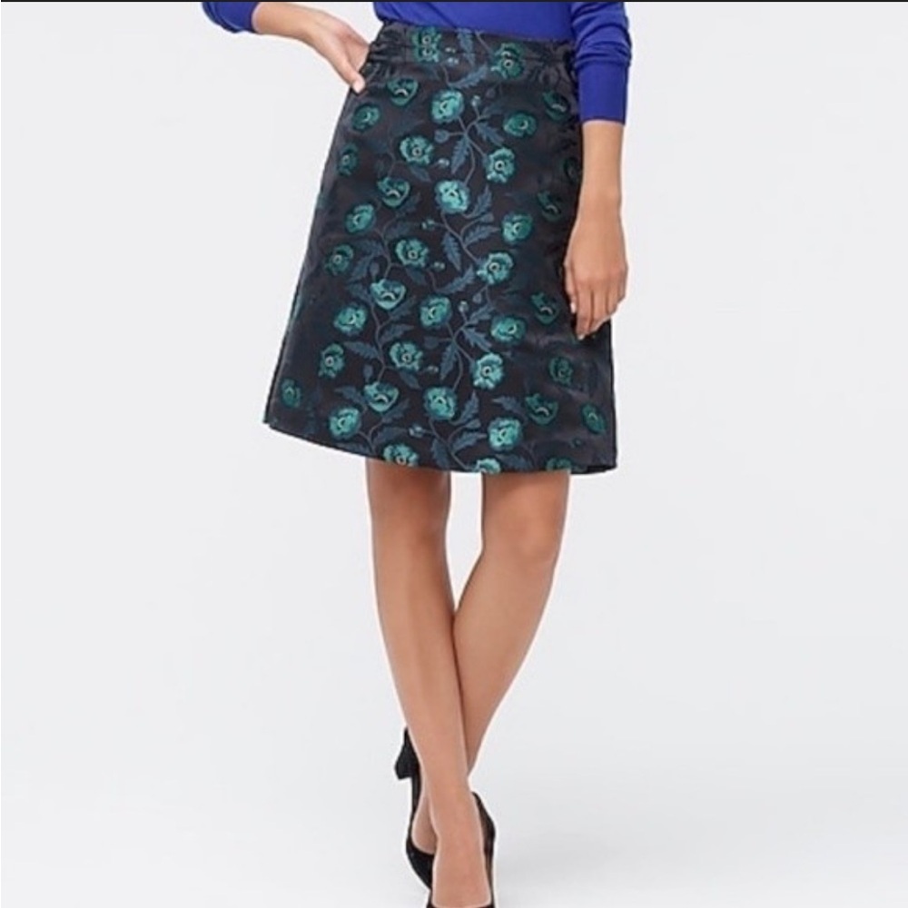 J. Crew turquoise floral on black jacquard a-line high waist lined skirt